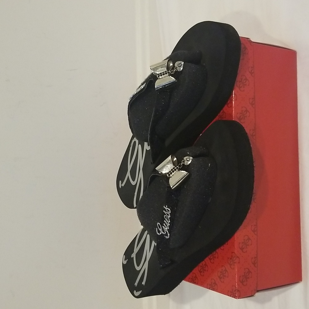 GUESS Black & Silver Multi Fabric Thong Flip-Flops - Picture 2 of 5